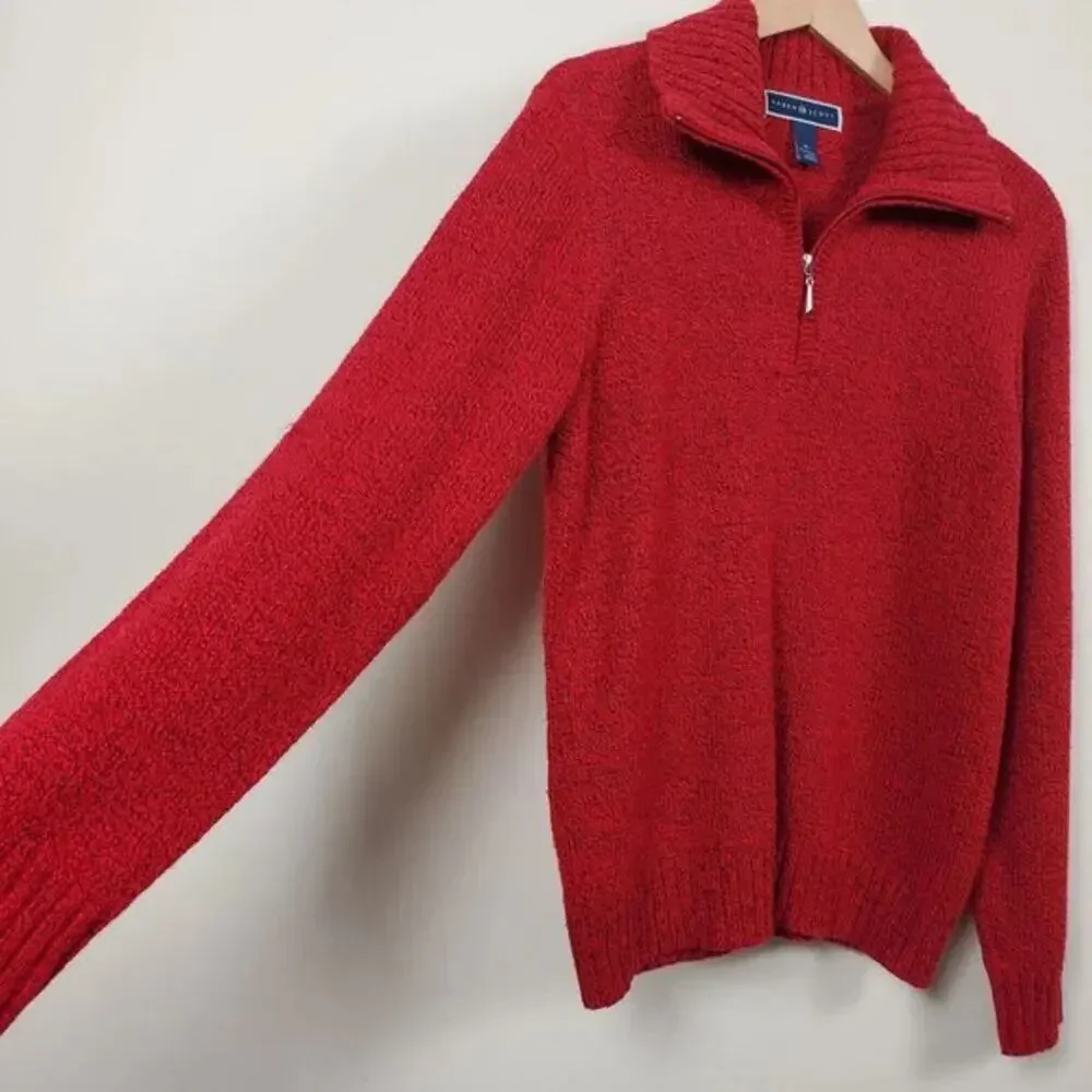 Karen Scott Red Cable Knit Sweater Women Size M Pullover Long Sleeve Quarter Zip